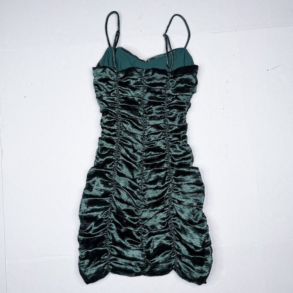 Lucy in the Sky Emerald Green Satin Ruched Mini Bodycon Cocktail Sz XS NWOT - Picture 3 of 8